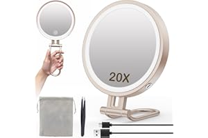 IMIKONA Travel Makeup Mirror with Lights,3000mAh Rechargeable 1X/20X Magnifying Mirror with Light, 7" Portable Lighted Beauty Mirror, Make Up Mirrors with 3 Light Colors, Dimmable Tabletop Handhold Hanging(N)