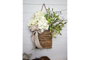 GIGAWOOD Cream Hydrangea Door Hanger Basket Wreath, 2024 Wildflowers Door Hanging Basket Wreath, Front Door Beautiful Artificial Spring and Summer Wreath Welcome Sign, Home Porch Farmhouse Decor (A)