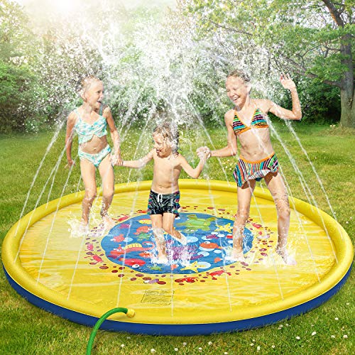 Splash Pad, 69 Inches No More Burst Sprinkle and Splash Play Mat Sprinkler for Kids Boys Girls Fun Splash Play Mat Summer Outdoor Sprinkler Pad Party Water Toys Extra Large Children's Sprinkler Pool - Thumbnail 7