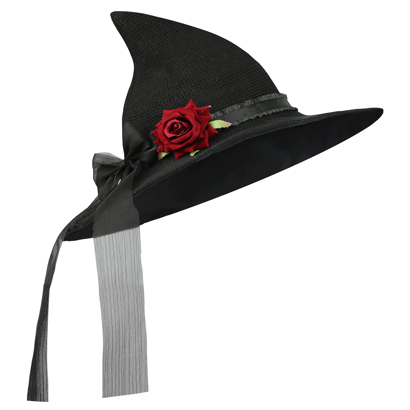Halloween Black Witch Hat with Rose Flower Gothic Wizard Hat Knitted Witch Hats Wide Brim Pointed Hats Costume Accessories for Halloween Cosplay Fancy Dress Party