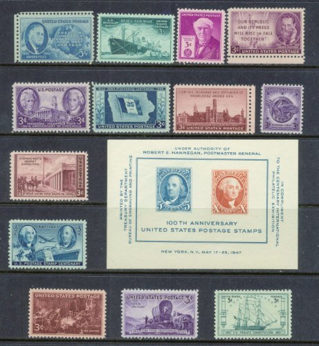 Complete set of US Commemorative Stamps issued in 1946 and 1947 Mint, Never-hinged Merchant Marines, Iowa Centennial, Tennessee, Thomas Edison, Utah, USS Frigate Constitution, Everglades, Doctors, and more