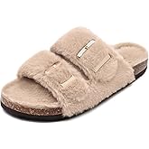 Rainlin Women's Fuzzy Slippers Comfy Cork Footbed Fluffy Slides Open Toe Indoor Outdoor House Shoes with Arch Support Camel Size 11