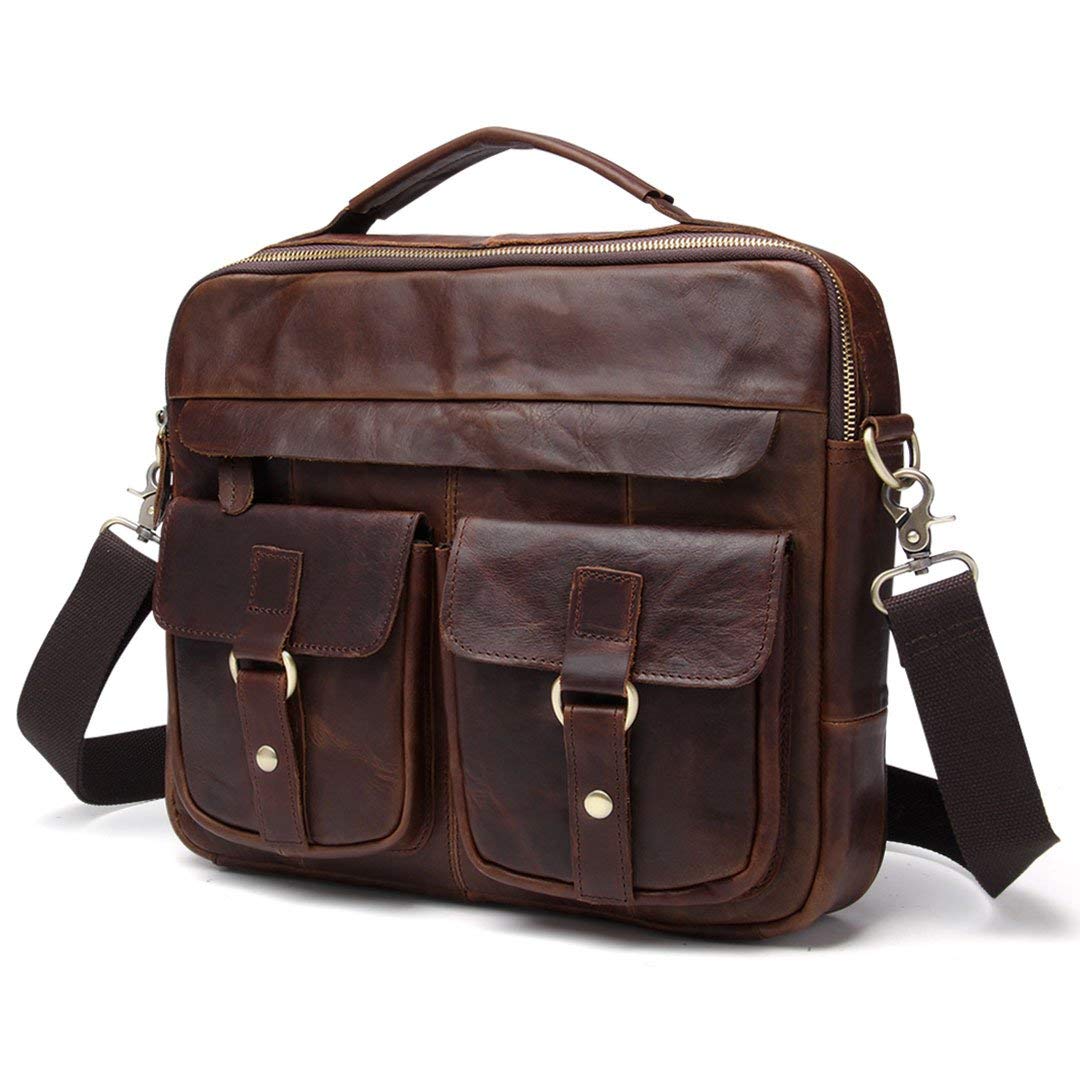 SYMALL Men's Leather Shoulder Bag Cross-Body Handbag Full Grain Leather Satchel Briefcase, Dark Brown
