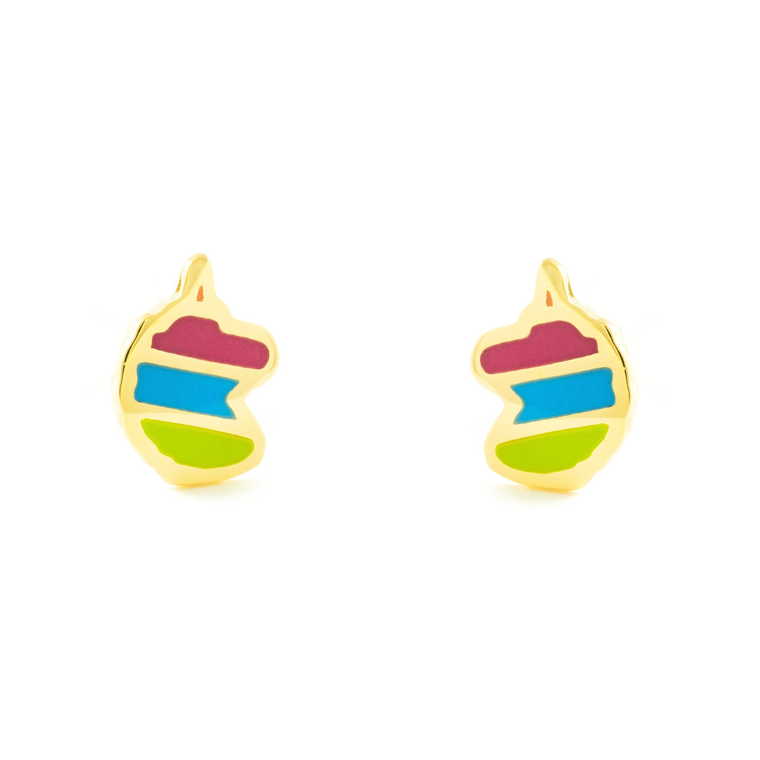 Mondepetit - 9ct Yellow Gold Pink-White Enamel Unicorn Children's Girls Earrings shine
