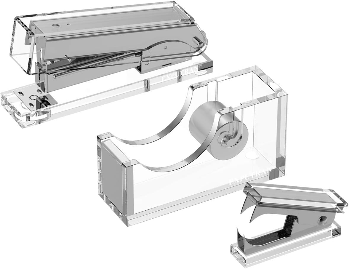 EXPUTRAN Acrylic & Silver Office Supplies Set, Acrylic Stapler, Tape Dispenser, Staple Remover, Desk Accessory for The Office or Home