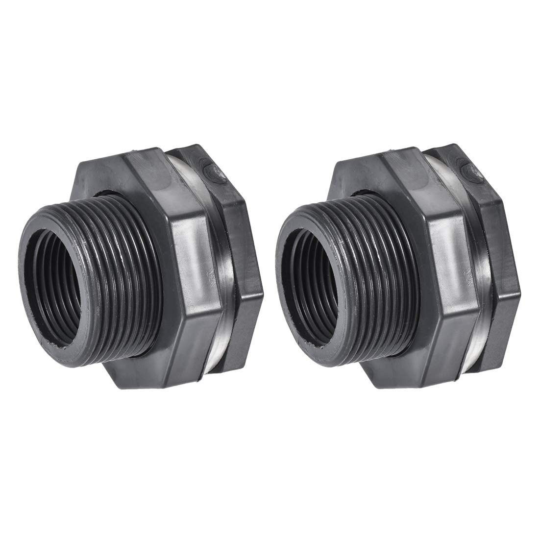 sourcing map Bulkhead Fitting, G1 Female Lengthen, Tube Adaptor Pipe Fitting with Silicone Gasket, for Water Tanks, PVC, Gray, Pack of 2
