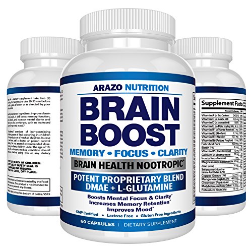 Premium Brain Function Supplement – Memory, Focus, Clarity – Nootropic Booster with DMAE, Bacopa Monnieri, L-Glutamine, Vitamins, Minerals - Arazo Nutrition