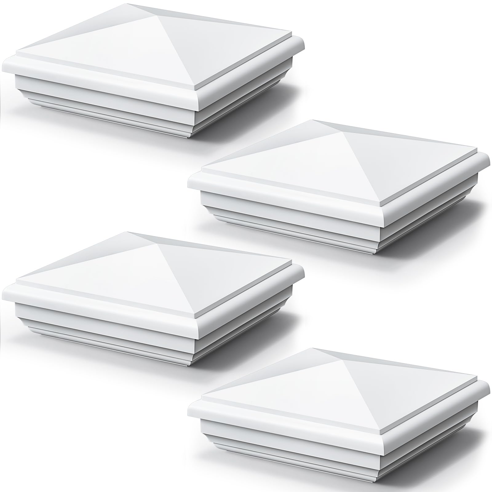 Photo 1 of Sasylvia 4 Pcs 5 x 5 Inch Vinyl Fence Post Caps (Actual 5x5), White PVC England Style Cap Top Pyramid Square Waterproof UV Resistant Decorative Vinyl Fence Post Caps
