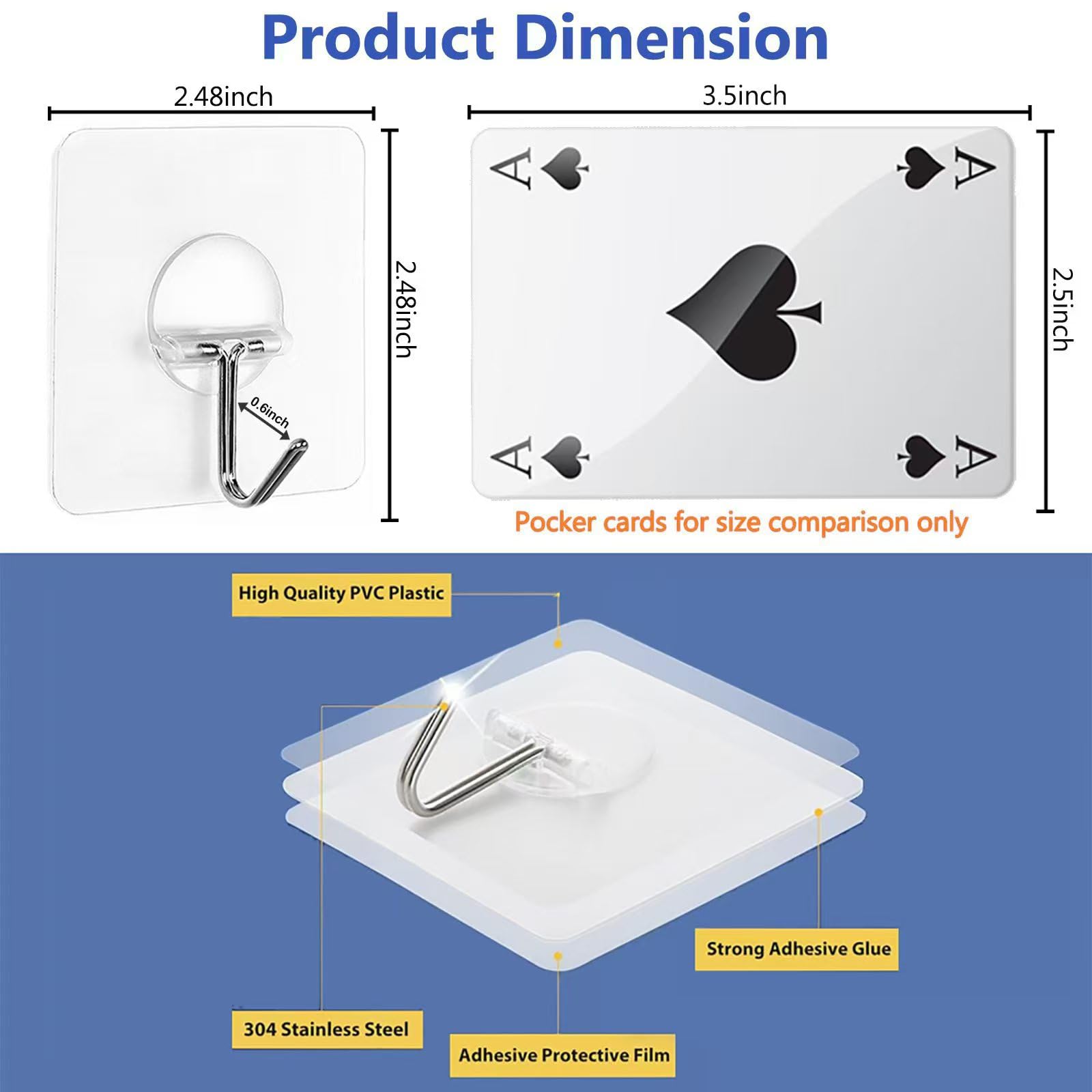 JINSHUNFA Adhesive Wall Hooks for Hanging Heavy Duty Towel Coat Hooks Waterproof Transparent Hook for Bathroom Shower Kitchen Keys Door Outdoor Home Improvement Utility Hook 8 Pack