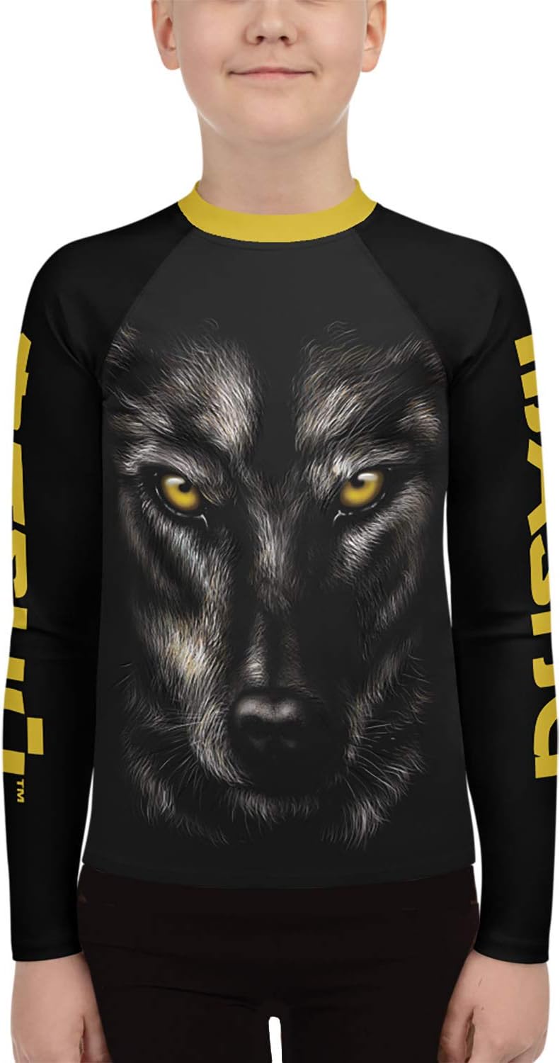 MASHU Fight Wear Black & Grey Lone Wolf Kids Boys Girls BJJ MMA Martial Arts Grappling Rash Guard Compression Shirt