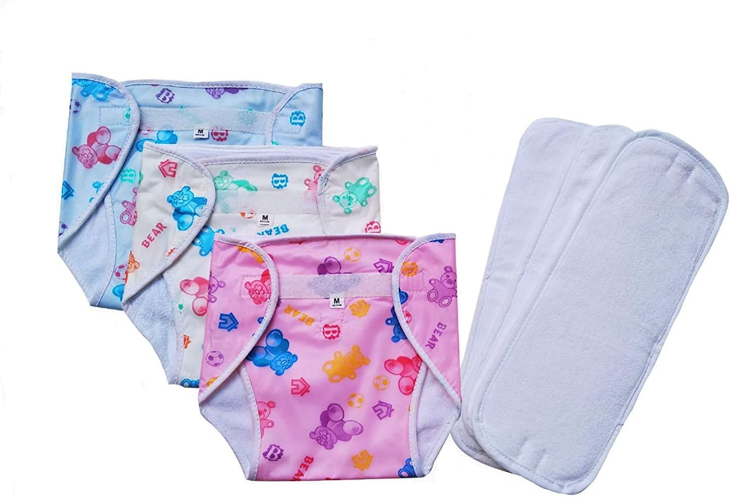 Aman Artis Quick Dry Newborn Baby Reusable Outer Layer and Soft Terry Inner Layer Cotton Cloth Diapers with Removable 4 Layer Pad Insert (Colours and Designs May Vary, Medium, 4-8 Months) - Pack of 3