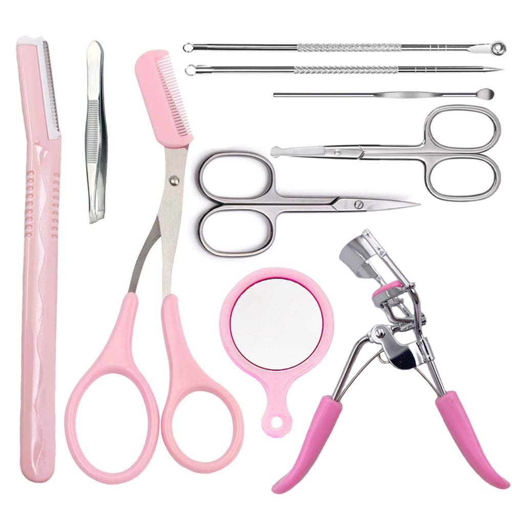 10 In 1 Eyebrow Scissors Grooming Suit Kits, Kalolary Eyebrow Scissors Trimmer Tweezers Eyelash Curler Mirror Acne Needle Extrusion Ring Ears Picker Nose Hair Trimmer Make Up Cosmetic Tool: Beauty