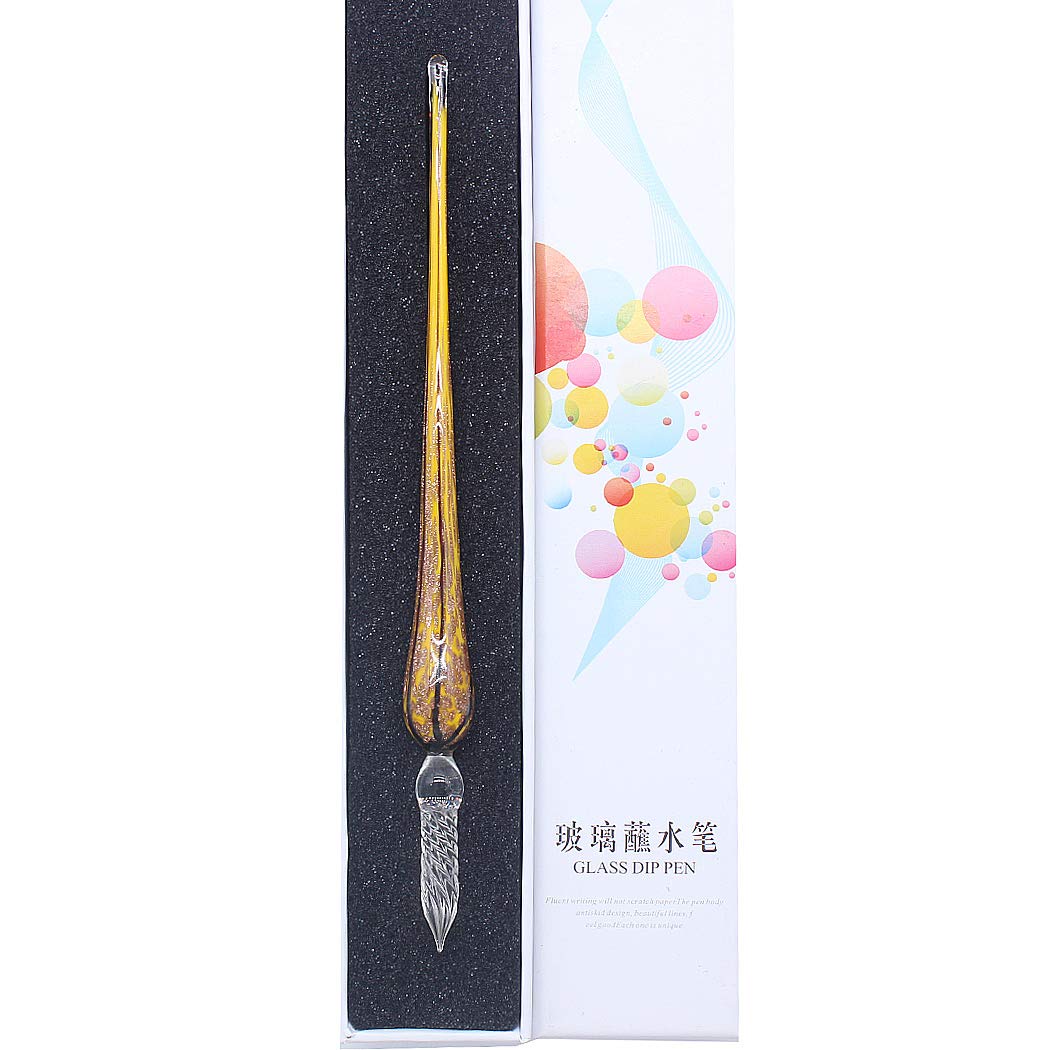 SIPLIV Handmade Glass Dip Pen Vintage Glass Signature Pen Crystal Dip Sign Pen Gift Pen Calligraphy Pen - Yellow