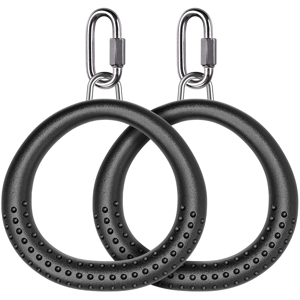 Dolibest Trapeze Ring, 2 Pack Gym Ring Monkey Bar Handle Grip with Carabiner for Outdoor Swing Set/Climbing Frame/Obstacle Course/Pullup/Olympic Training Indoor Activity, Black
