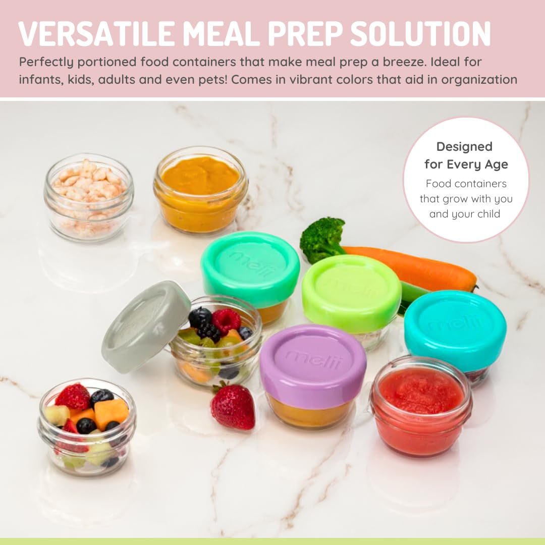 melii Glass Food Storage Jars - 12-Piece Set (6 x 4oz + 6 x 2oz) with Airtight, Leakproof Lids, BPA-Free & Eco-Friendly, Microwave, Freezer, Dishwasher Safe, Containers for Baby Food and Meal Prep
