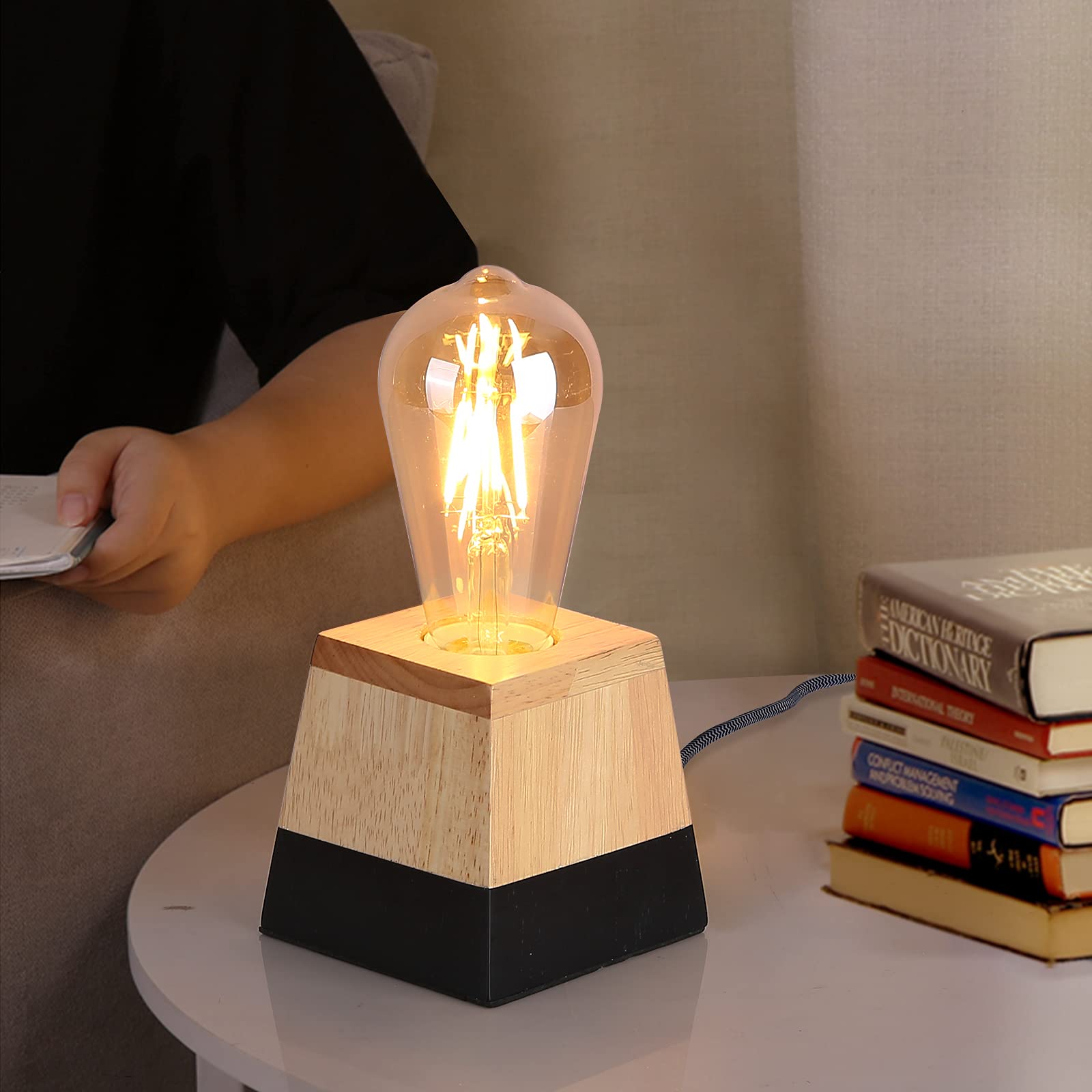 LUSTORM 1 Modern Table Lamp Wood Base with E27 Socket Black Small Desk Lamps Minimalism for Living Room, Bedroom Reading Lighting with Plug and Switch Cute Industrial Desktop Lights(No Bulb)