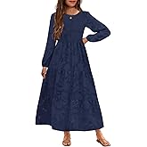 MITILLY Girls Fall Long Sleeve Dress Boho Flower A-Line Ruffle Tiered Flowy Maxi Dresses for Wedding Party 6-12 Years