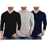 URBAN CREST Pack of 3 Plain Long Sleeve Shirt Men - Soft Comfortable V Neck Full Sleeves Fashion Tees for Men