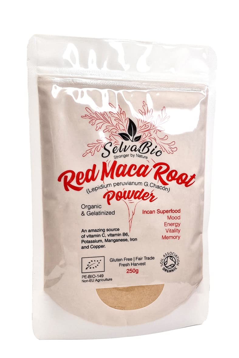 SelvaBio Red Maca Root Powder, Gelatinised, Certified Organic, Single Origin, Peru, Vegan, for Smoothies, Shakes & Baking, 250 g