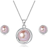 YAMI Freshwater Pearl Necklace and Earring Set for Women, 925 Sterling Silver 10MM Cultured Pearls Pendant Necklace Pearl Stud Earrings Jewelry Set, 18Inch+2" Box Chain, Gifts for Mother Wife Her