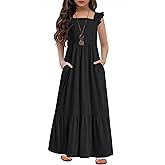 HOSIKA Girls Summer Sundress Casual Sleeveless Smocked Aline Flowy Tiered Maxi Boho Beach Dress with Pockets 6-12Y