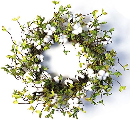 Cotton Wreath - 22" Farmhouse Natural Round Cotton Boll Wreath Stem Branches with Artificial Green Leaves for Front Door Welcome Decor for Hallway and Entryway