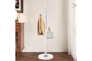 OIRUMIE Coat Rack with Natural Marble Base, Metal Modern Coat Racks Freestanding, Coat Rack Stand with 12 Hooks, Coat Tree Hats Hanger Stand for Entryway, Hallway (12 Hooks-White)