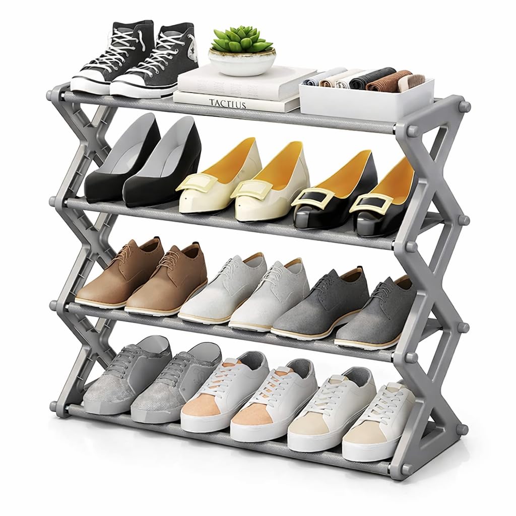 3 Tier Shoe Rack, Space Saving Shoe Storage Cabinet, Fits Up to 6 Pairs - Metal Storage Shoe Organizer, Durable & Easy to Assemble, Stackable Shoe Shelf, for Hallway, Living Room and Bedroom - Grey