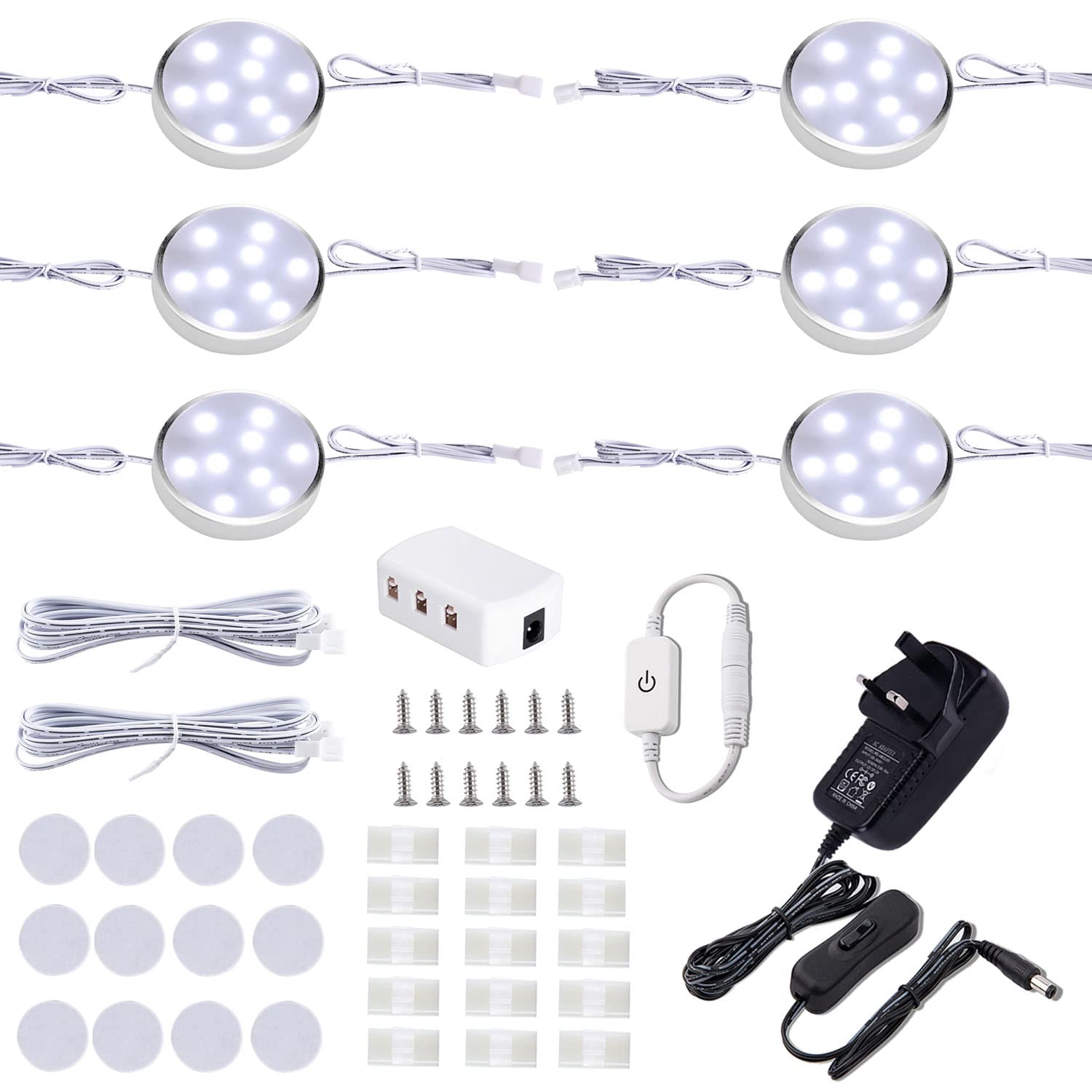 LABOREDUCER Under Cabinet Lights with Touch Dimmer,6 Pack Plug in LED Puck Lights with Mains,12V Under Cabinet Lighting,Under Counter Lights for Kitchen Under Cupboard Lights (6000K Daywhite)