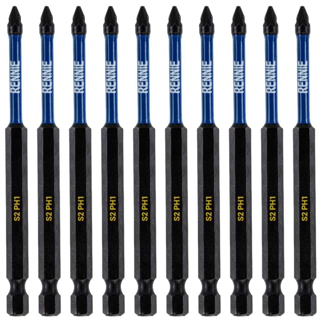 10 x Rennie Tools 100mm Long PH1 Impact Screwdriver Driver Bits Set. Magnetic Phillips No.1 Heavy Duty Impact Driver Bit Set. Extra Long PH1 Bits. Hex Shank, Cross Head. Black Oxide Coated