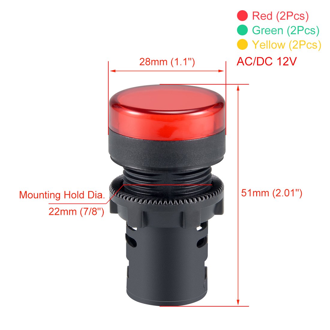 sourcing map 6Pcs Red Green Yellow Indicator Light AC/DC 12V, 22mm Panel Mount, for Electrical Control Panel HVAC, DIY Projects - Image 3