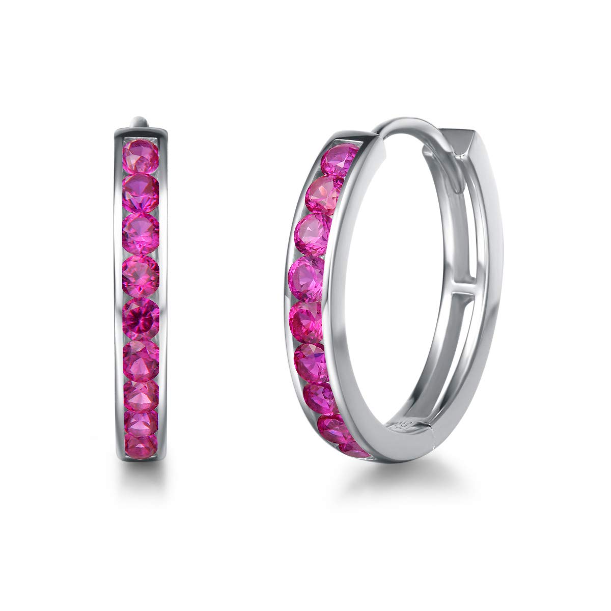 925 Silver Earrings Hinged Hoop Earrings with Cubic Zirconia Simulated Diamond for Women Girls, Diameter: 18 mm - Red