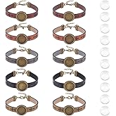 UNICRAFTALE 10Pcs 5 Colors Leather Bracelet Making Kit 18mm Tray Antique Bronze Adjustable Bracelet Hollow Cross PU Leather Bracelet with Flat Round Metal Tray Settings and Glass Cabochons for DIY