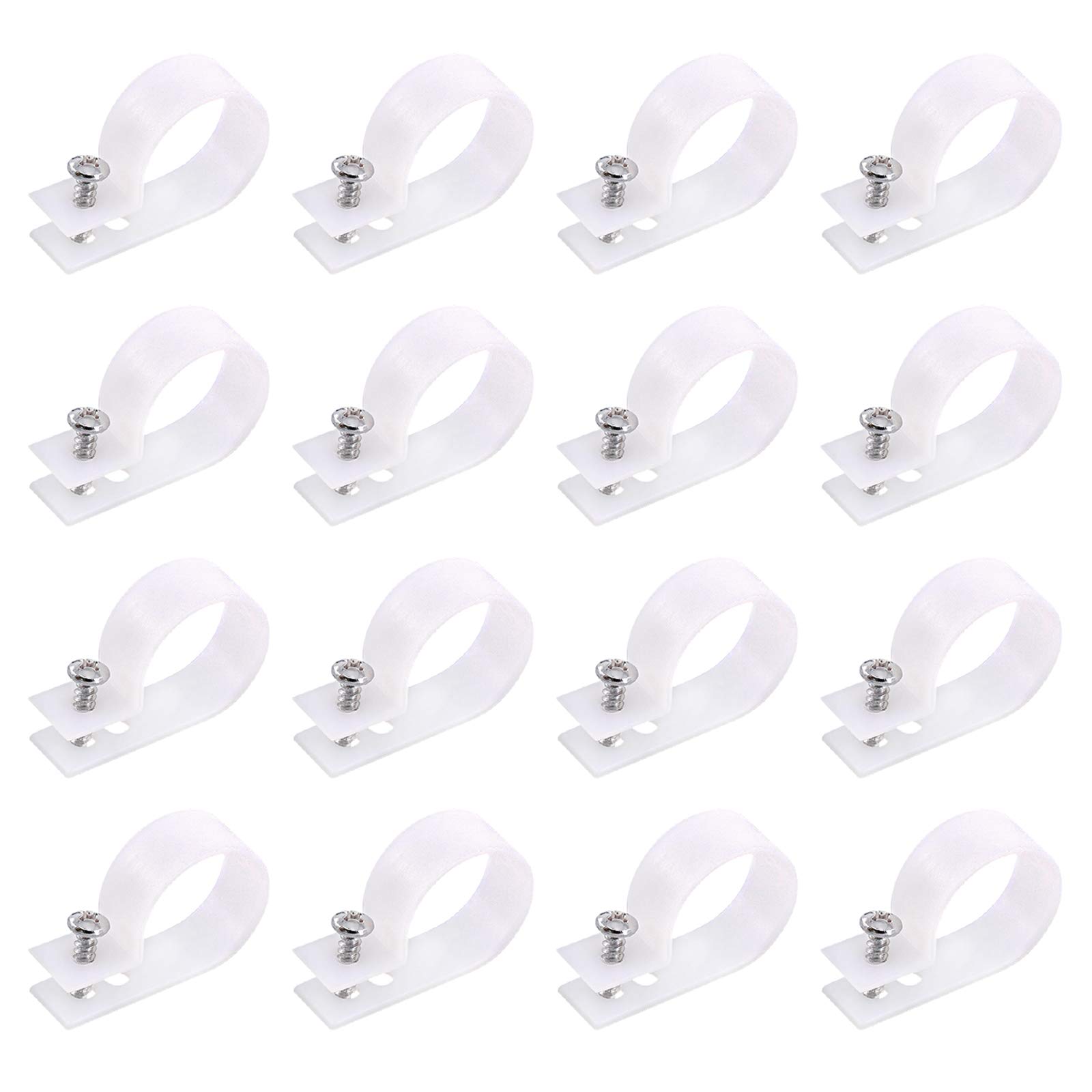 Swpeet 60 Pack White 1 Inch Nylon Plastic R-Type Cable Clips Clamp Kit, Nylon Screw Mounting Cord Fastener Clips with 60 Pack Screws for Wire Management