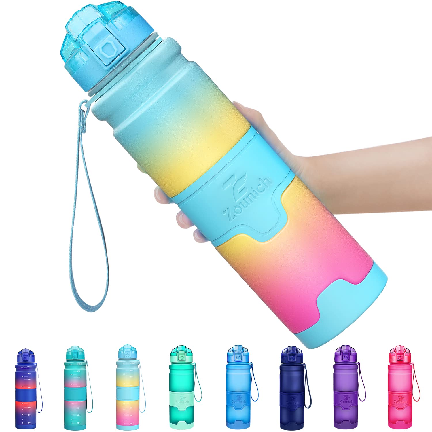 Zounich Best Sports Water Bottle Leak Proof 1L/700ml/500ml/400ml BPA Free Tritan Drink Bottles|Kids,Adults,Gym,School,Sport,Cycling| with Times to Drink & Fruit Infuser Filter & Lock Cover| Reusable