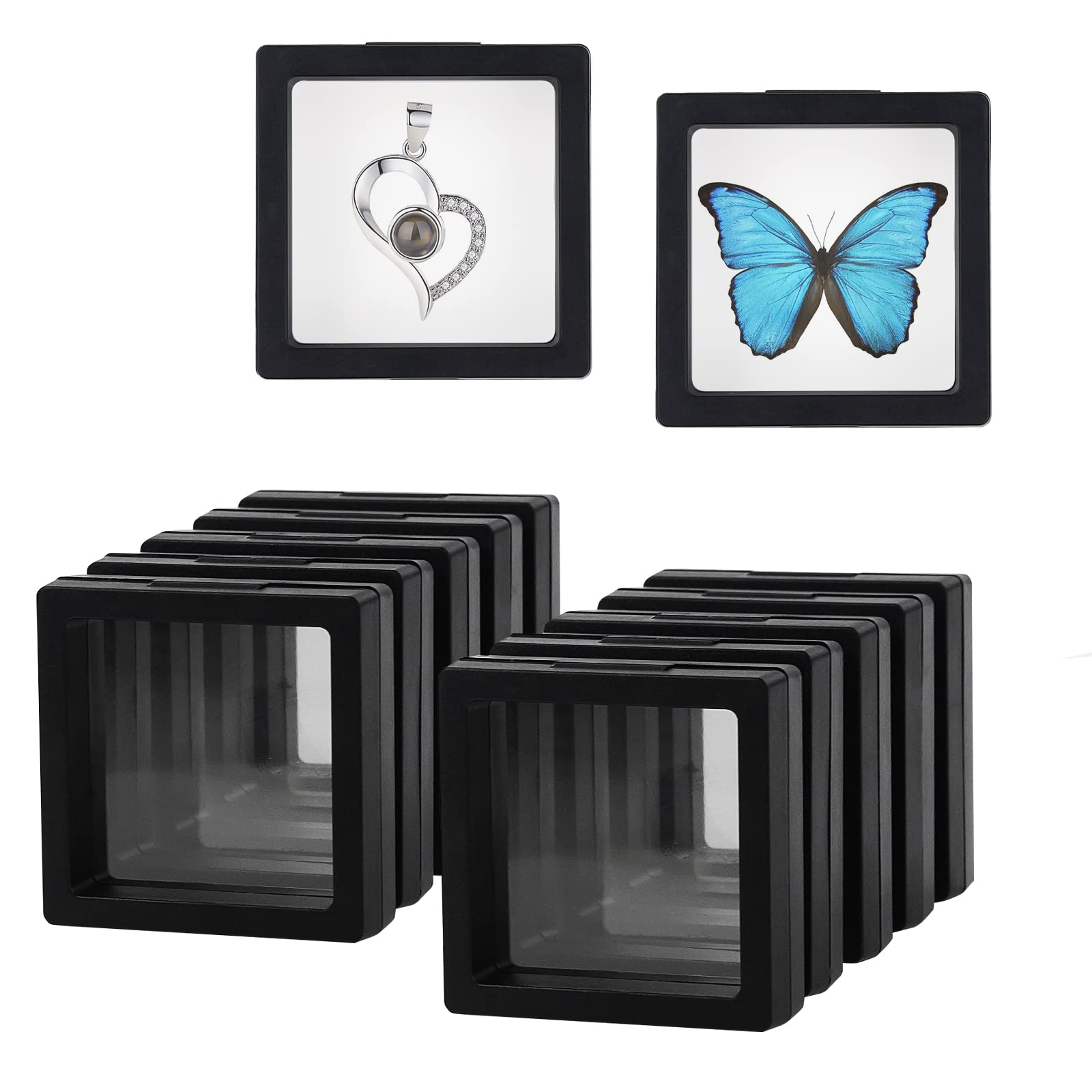 XIACIBDUS 10 PCS 3D Floating Frame, 2.75 x 2.75 Inches Coin Display Case, Shadow Box Frame, Transparent Plastic Jewelry Storage Box for Medallion, Jewelry, Shells, Coin, Stamp (Black)