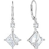 Inpasne Square Princess Cut Drop Dangle Earrings 925 Sterling Silver Solitaire Leverback Earrings Birthstone Jewelry Gifts for Women