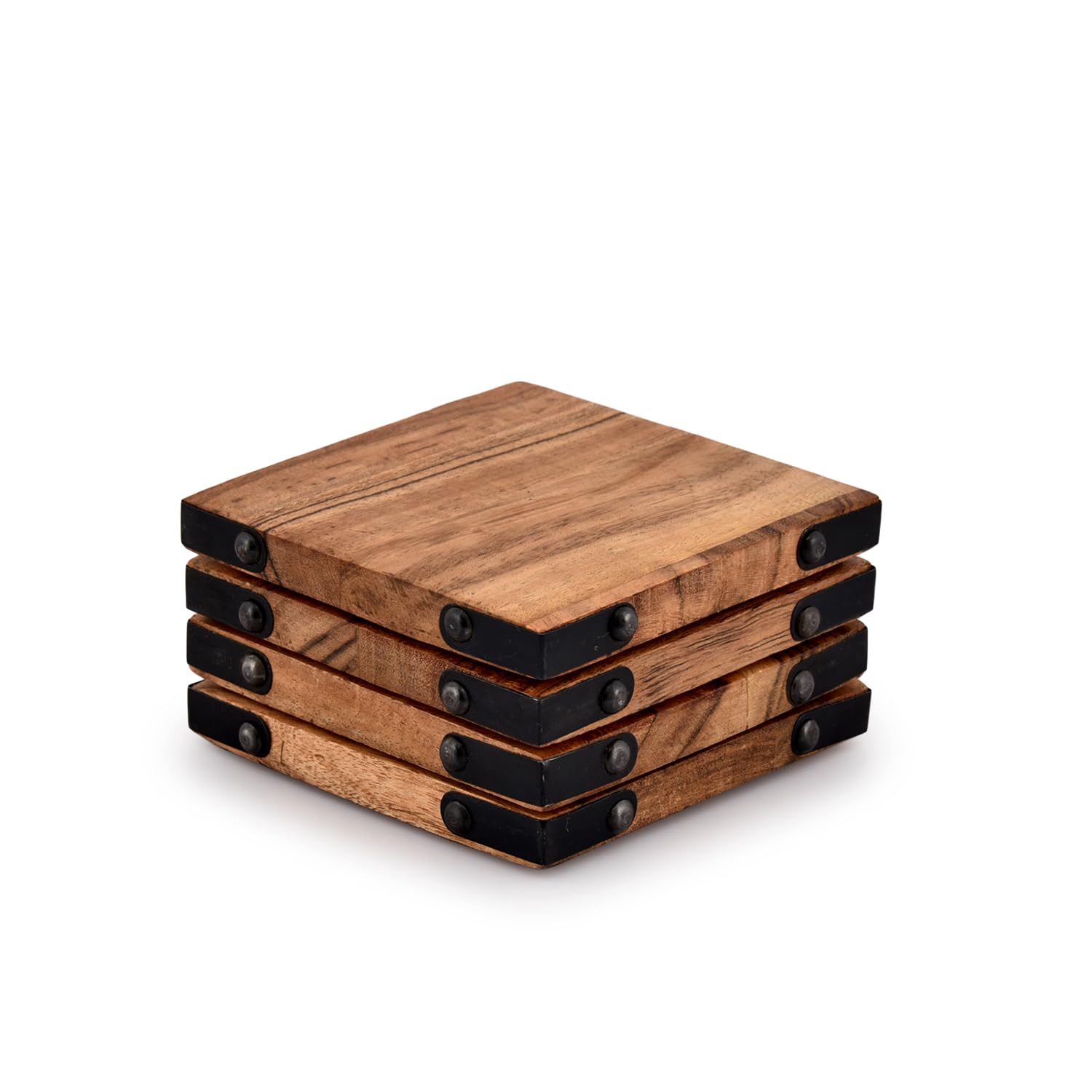 Samhita Acacia Square Design 4 Piece Set Coaster Wood Coaster Gift for Family Friends Colleagues (Size - 10.16cm x 10.16cm)