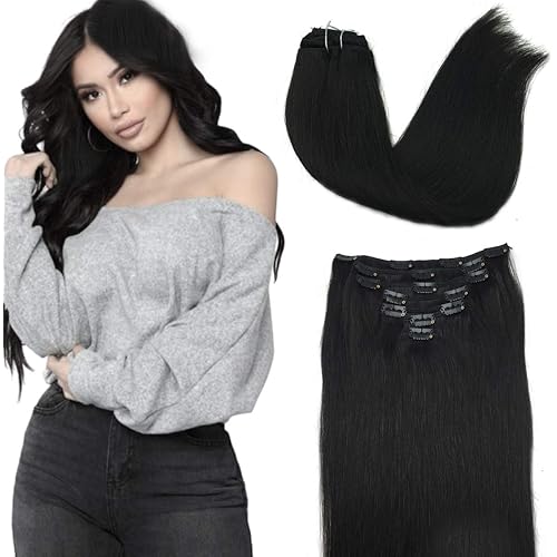 Clip in Human Hair Extensions 14Inch 120g Natural Black Human Clip Hair Extensions Remy Hair Extensions Straight Natural Hair Extensions Clip in Thick Real Hair Exrensions Straight Hair 7pcs (#1b)