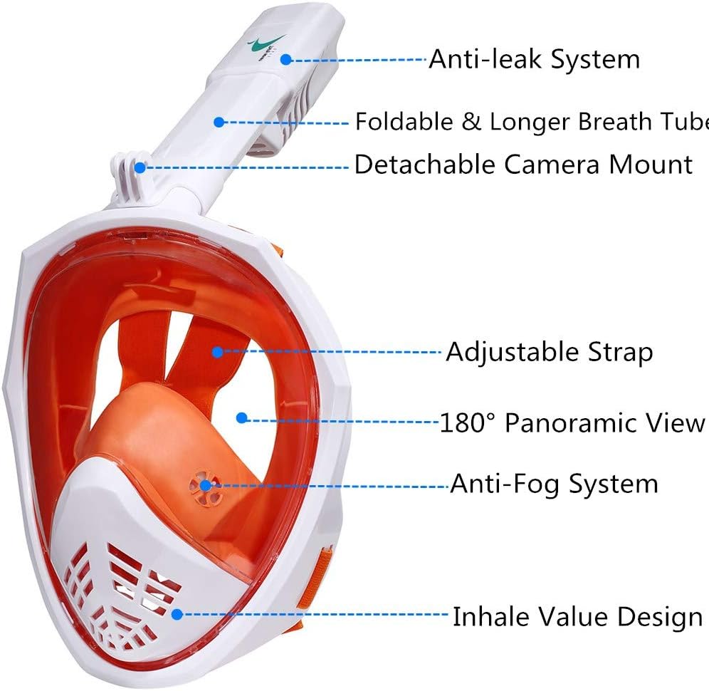 Thirty seven DAYS Full Face Snorkel Mask with Detachable Camera Mount, 180 Panoramic Anti-Fog Anti-Leak Diving Mask with Safety Breathing System for Adult and Kids : Sports & Outdoors