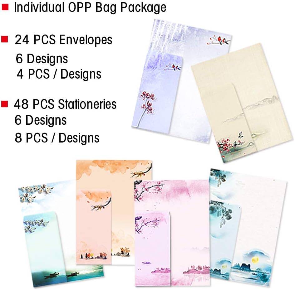 Stationary Set Japanese Stationery Letter Writing Paper, 48 Pack Stationary paper and envelopes set Ink Painting Design - 48 Stationary papers + 24 Envelopes : Office Products