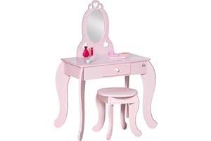 Qaba Kids Dressing Table Set, Vanity Table with Mirror and Stool, Princess Design Makeup Vanity Set with Storage Drawer, Gift
