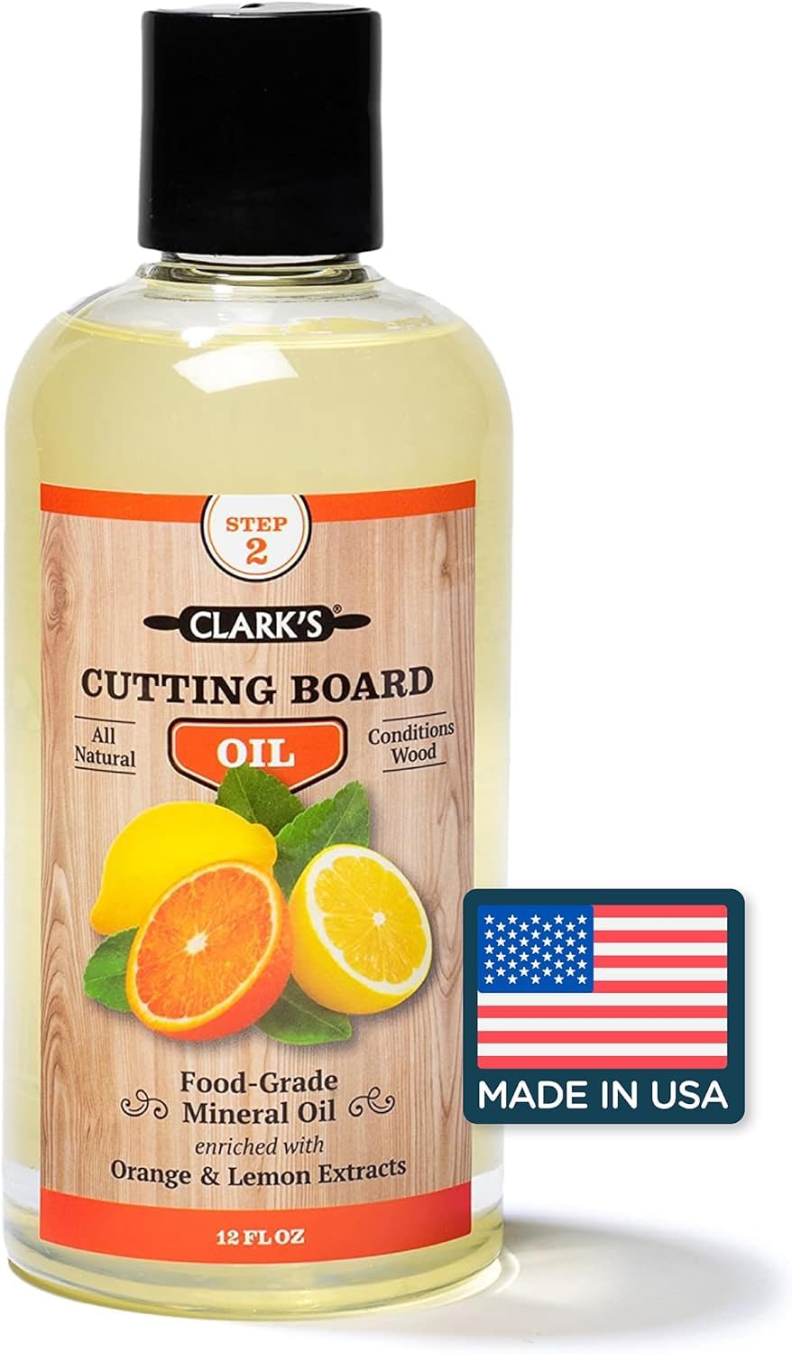 CLARK'S Chopping Board Oil - Food Grade Mineral Oil for Chopping Boards, and Butcher Blocks - Cutting Board Oil with Orange and Lemon Extracts - Mineral Oil Restores and Protects All Wood - 12oz