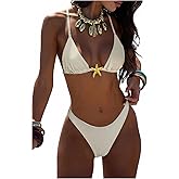 BEAUDRM Women's 2 Piece Textured Bikini Set Metal Starfish String Halter Triangle Swimsuit Cheeky Bathing Suit