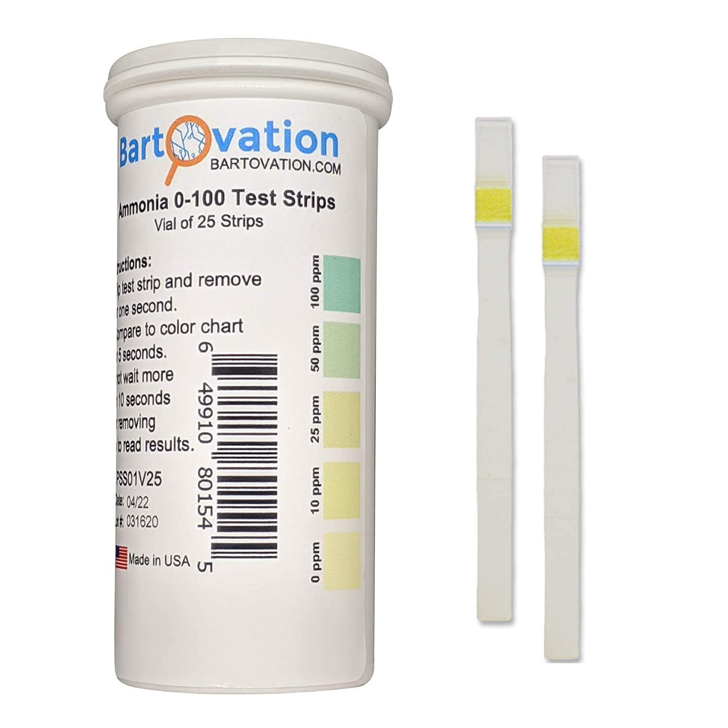 Ammonia Test Strips 0-100 ppm [Vial of 25 Strips]