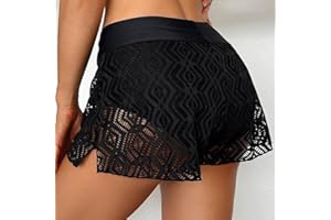 Women's Black Lace Crochet Beach Shorts, High Waist Drawstring Cover Up Swim Bottoms, Lightweight Summer Casual Wear