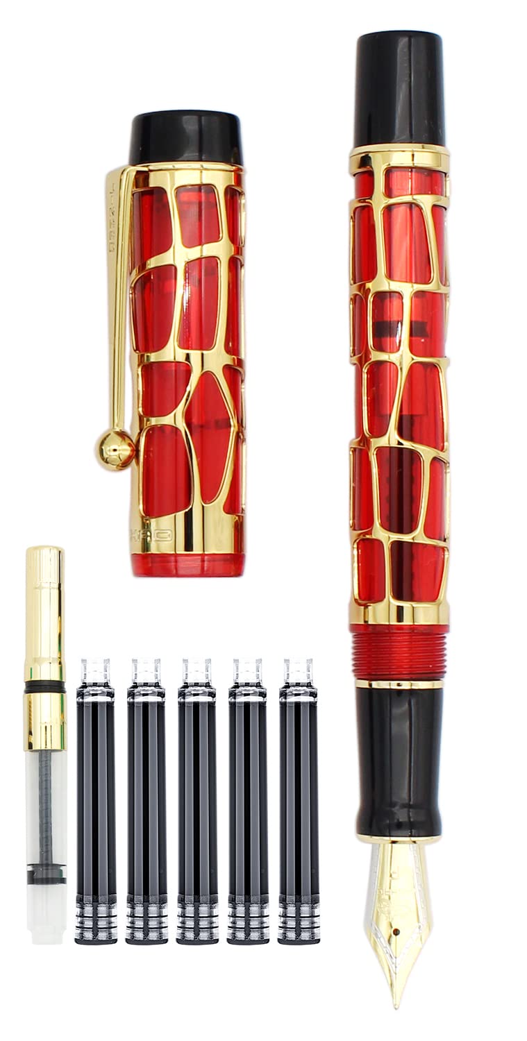 Gullor Century 100 Fountain Pen, Skeleton Hollow-out Series Golden, Screw-Cap, Fine Nib, Transparent Red