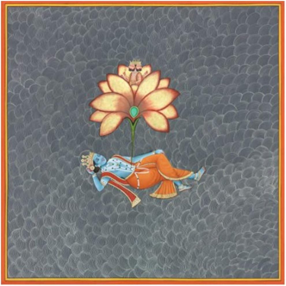 Traditional Indian Painting of Vishnu in Cosmic Ocean as Brahma is Born from a Golden Lotus Flower,Fine Art Print -50x50cm No Frame