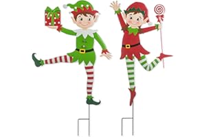 Glitzhome Set of 2 Metal Dancing Elf Yard Sign with Stake, 35.75" H Christmas Decorative Wall Hanging Decoration for Garden Home Lawn Pathway Walkway