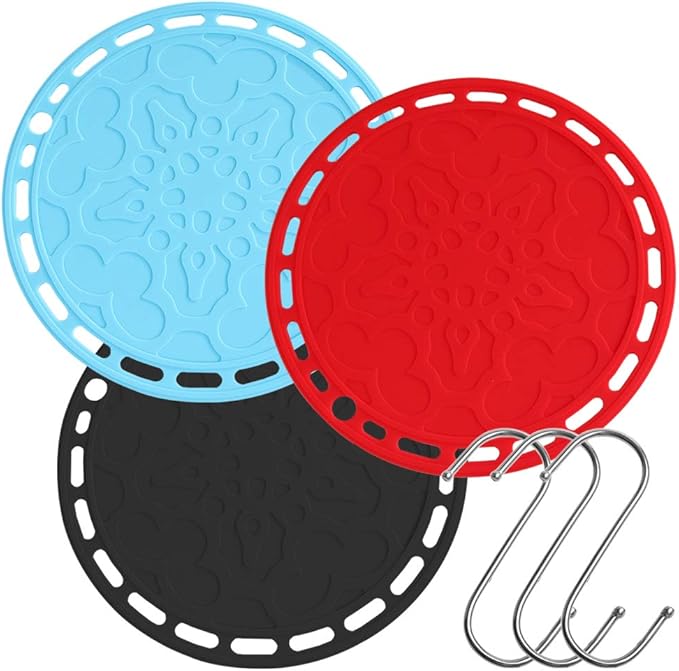 3 Pcs Big Round Silicone Hot Pads with 3 Hooks, AIFUDA NonSlip Heat